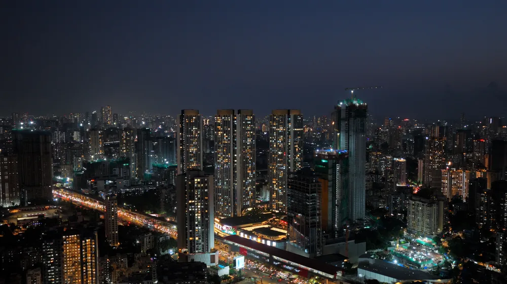 Aerial night skyline over Mumbai, cinematic drone footage